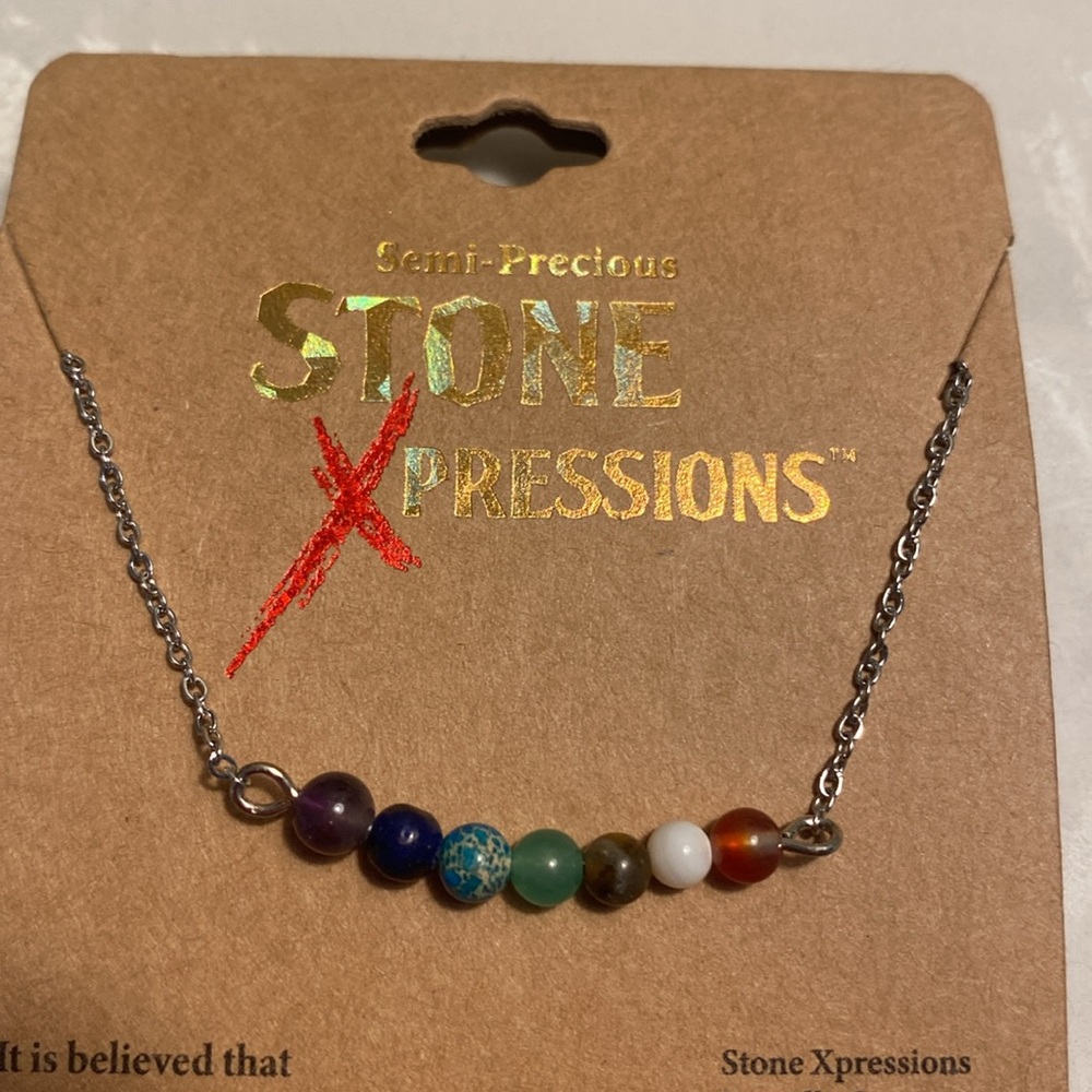 Multi-Color Semi-Precious Stone Necklace on silver adjustable chain 16-18 in NWT